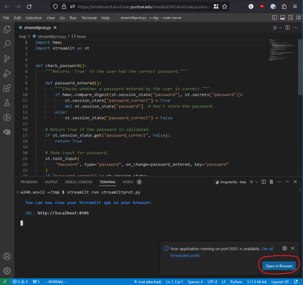 vscode streamlit open